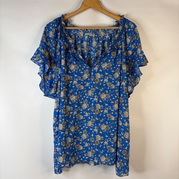 Max Studio Tops - Max Studio Blouse Womens 3X Blue Floral Flutter Sleeve Split Neck Boho Top